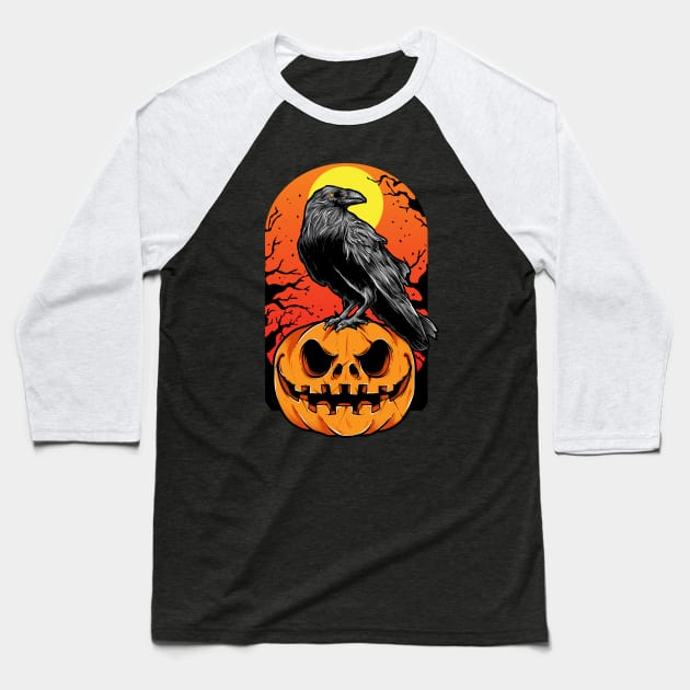 Halloween crow and pumpkin Baseball T-Shirt by sharukhdesign